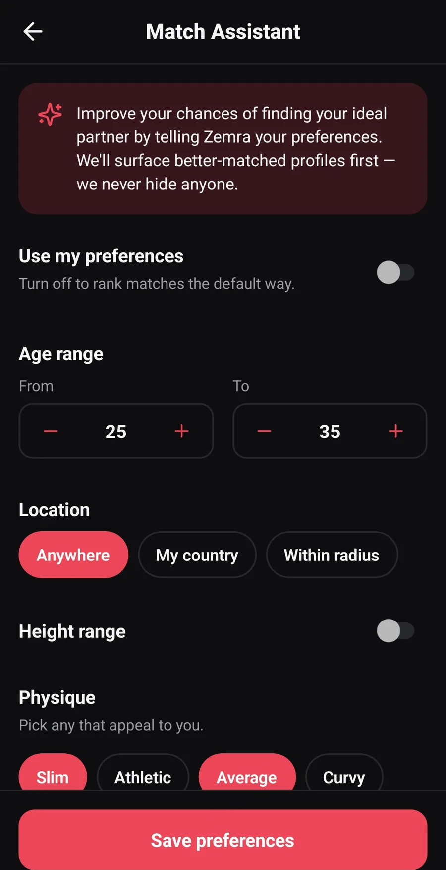 Zemra Albanian dating app screenshot: Match Assistant