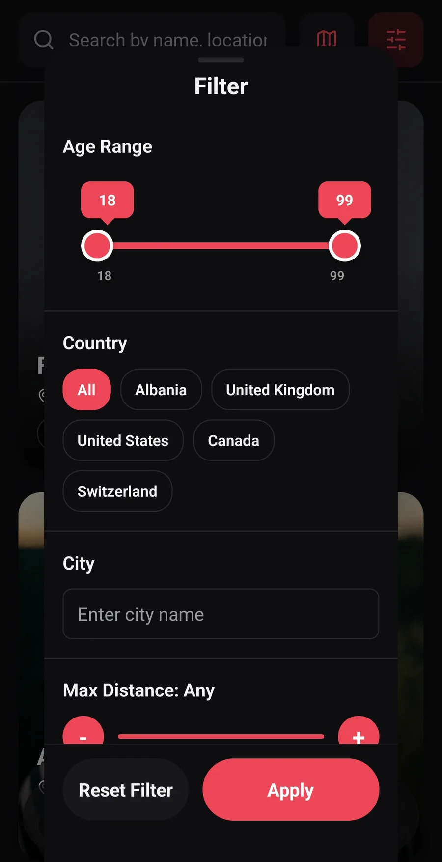Zemra Albanian dating app screenshot: Filters