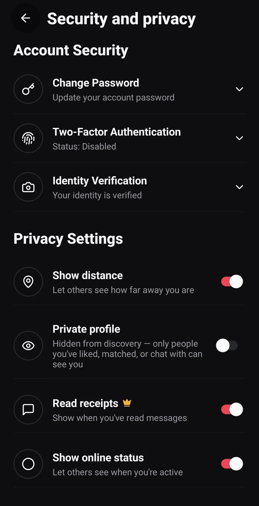 Zemra Albanian dating app screenshot: Privacy controls